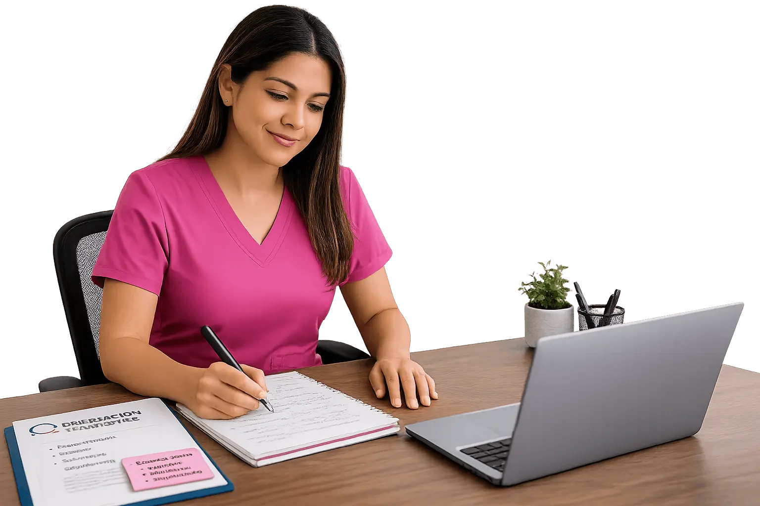 Mujer escribiendo en una laptop